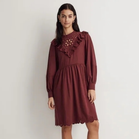 Madewell Dresses & Skirts - Madewell Embroidered Ruffled Flannel Mini Dress In Vintage Mulberry. Cottagecore
